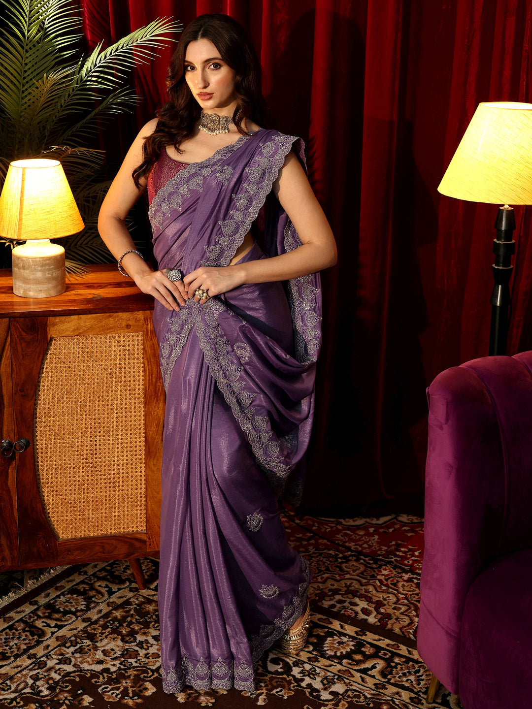 Libas Amethyst Purple Embellished Satin Saree