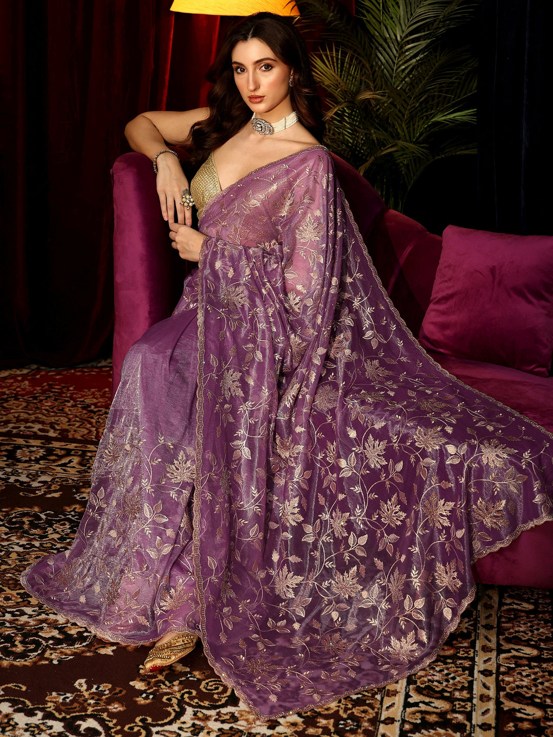 Libas Amethyst Purple Floral Embellished Net Saree