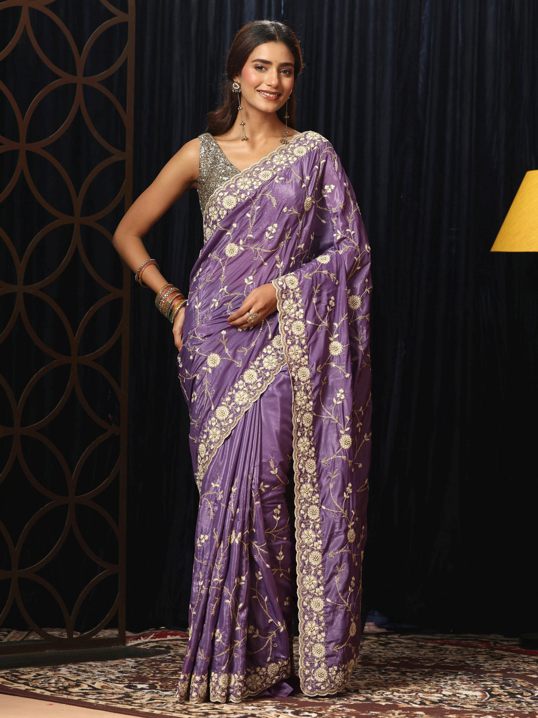 Libas Amethyst Purple Floral Embroidered Satin Saree