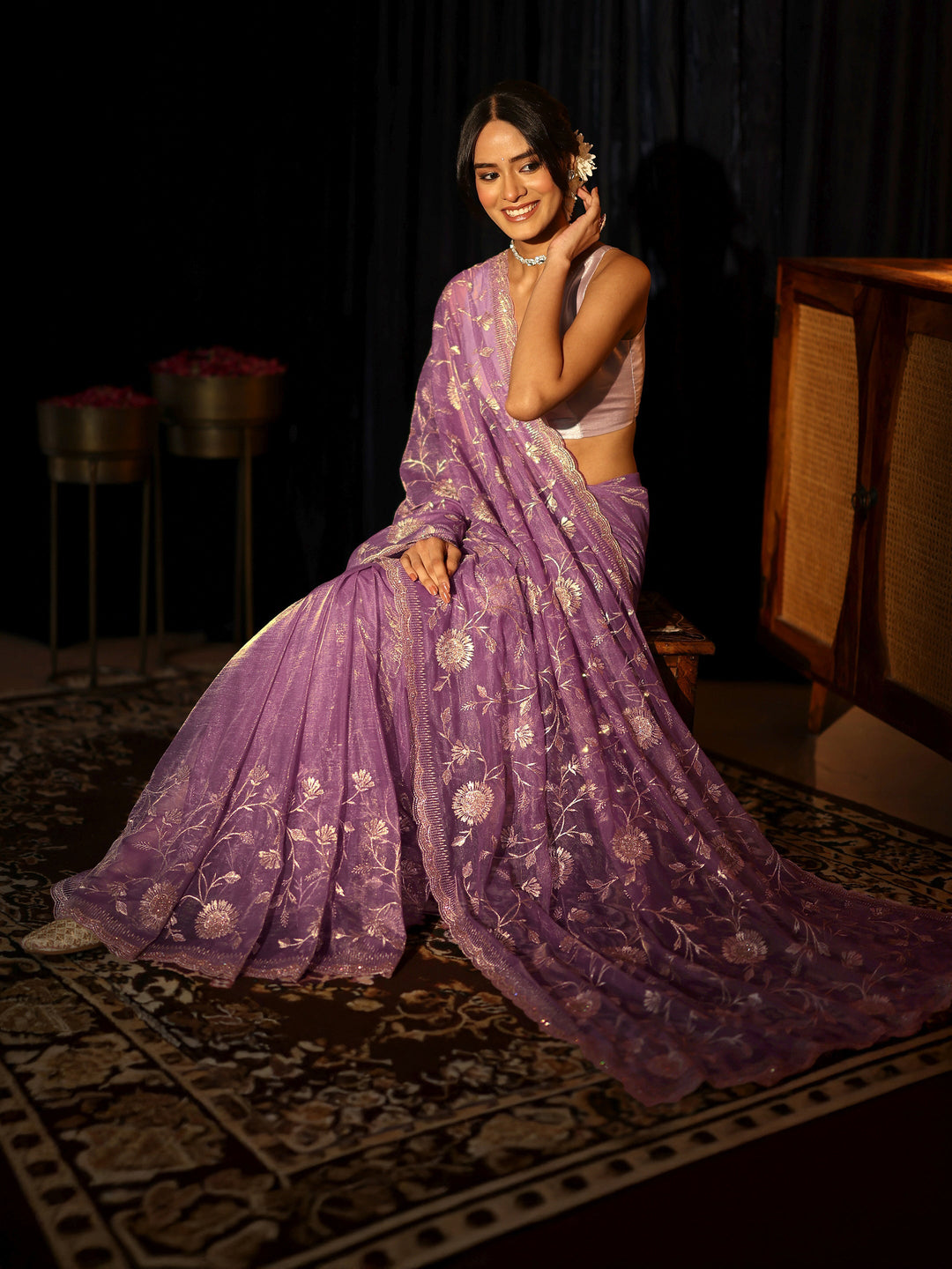 Libas Amethyst Purple Floral Net Saree
