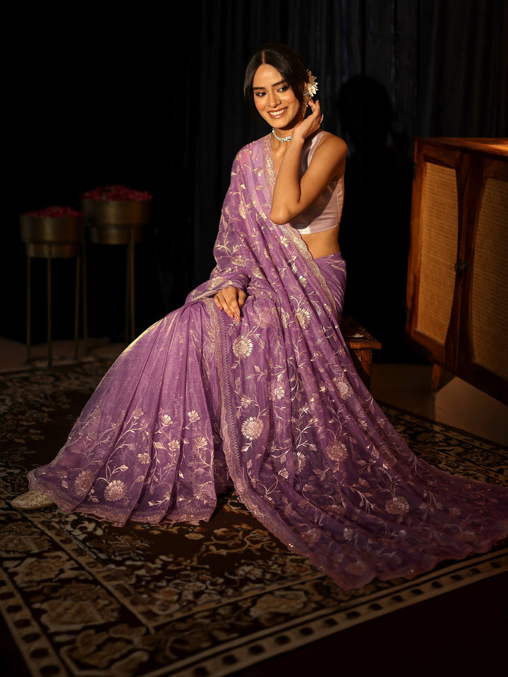 Libas Amethyst Purple Floral Net Saree