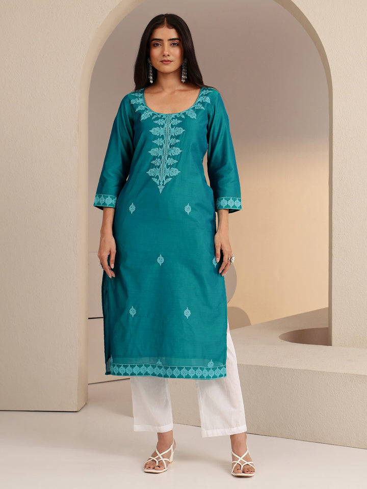 Libas Aqua Blue Embroidered Silk Blend Straight Kurta