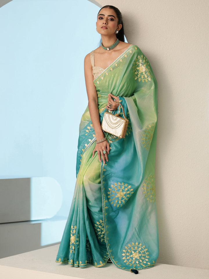 Libas Aqua Blue Ethnic Embroidered Ombre Satin Saree