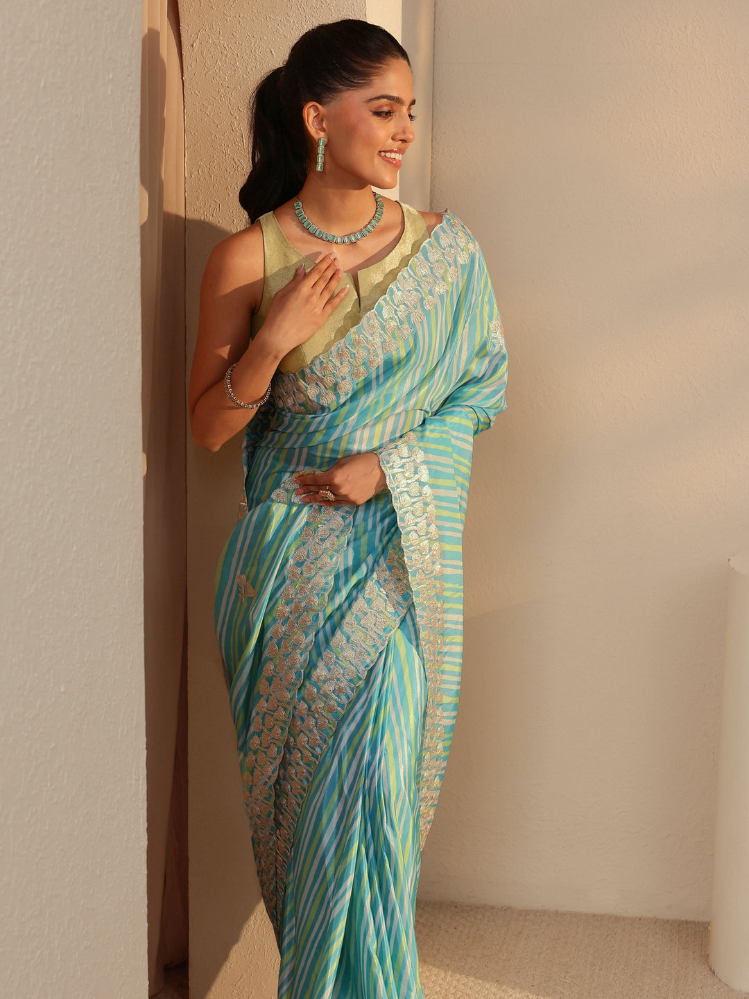 Aqua Blue Leheriya Printed Satin Saree