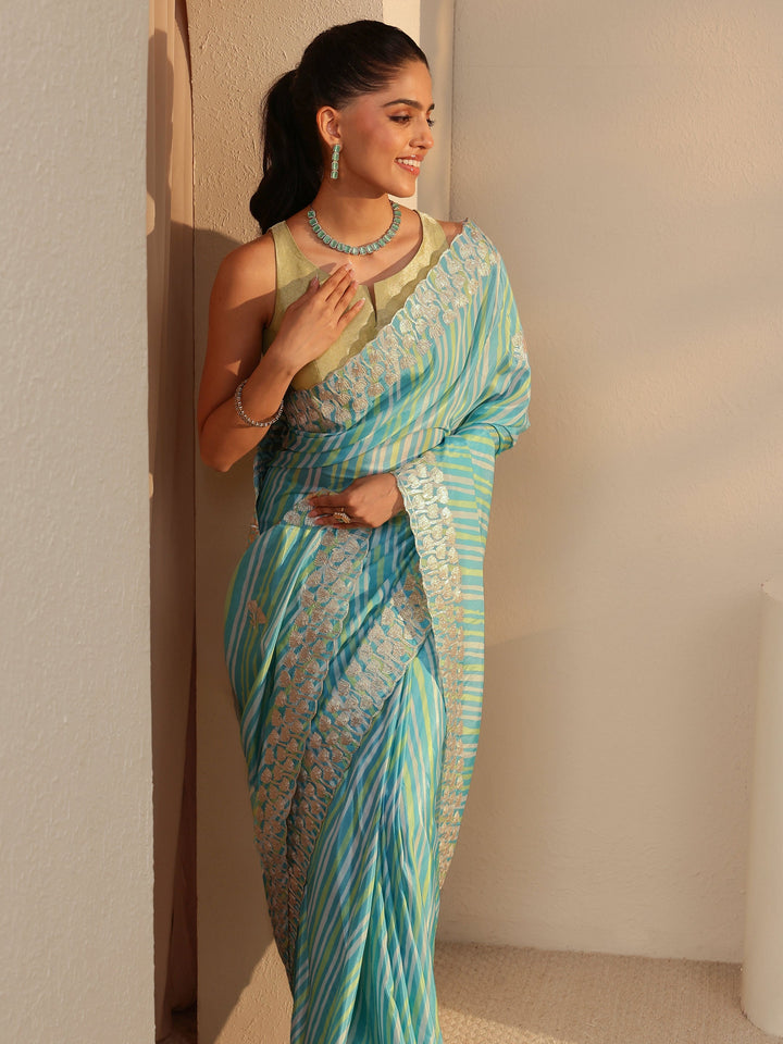 Libas Aqua Blue Leheriya Printed Satin Saree