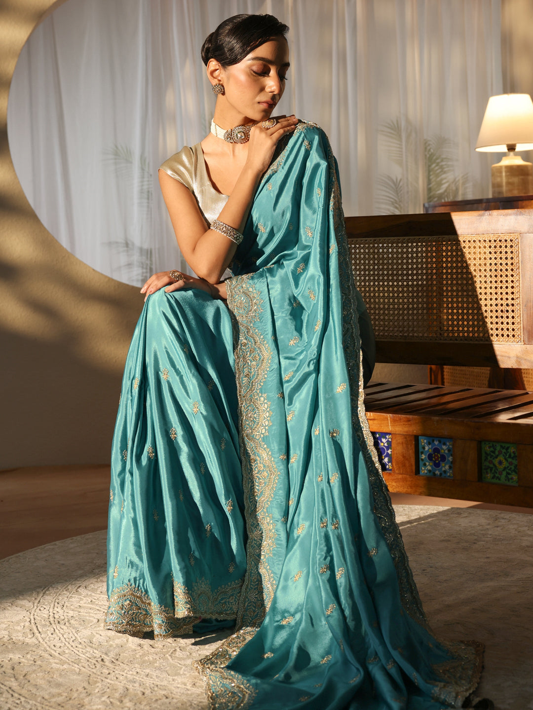 Aqua Blue Floral Embroidered Satin Saree