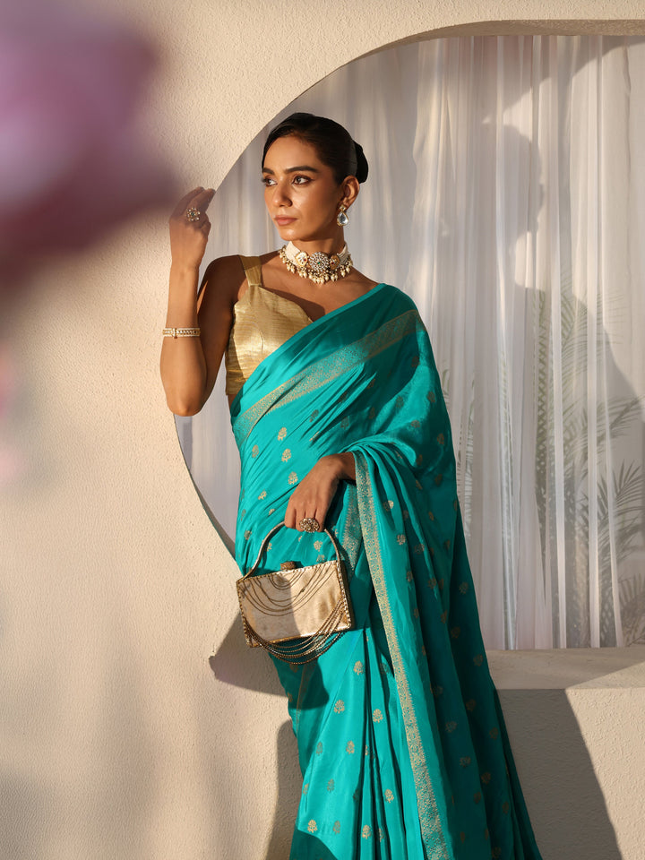 Aqua Blue Woven Design Silk Blend Saree
