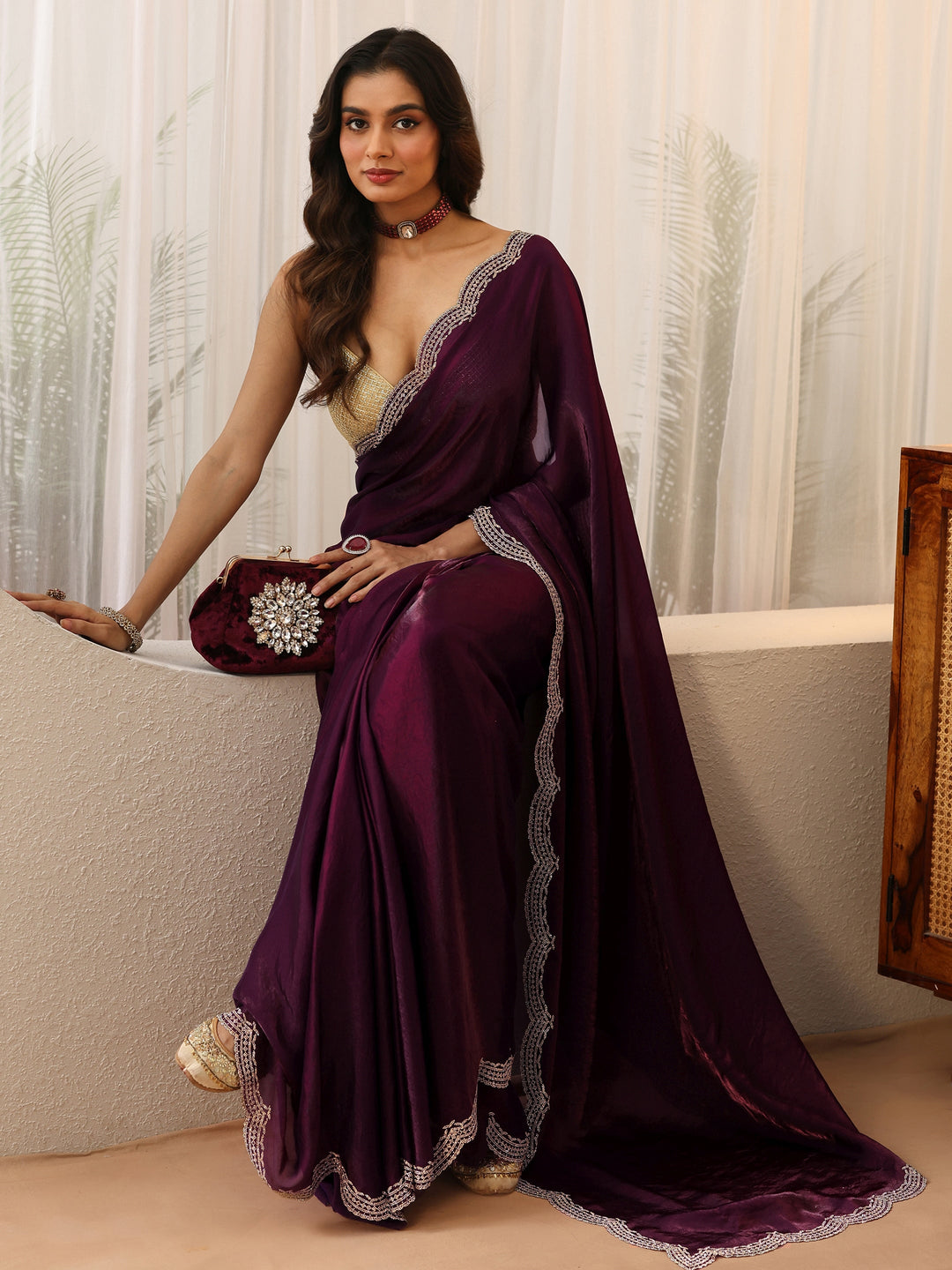 Libas Aubergine Silk Blend Saree