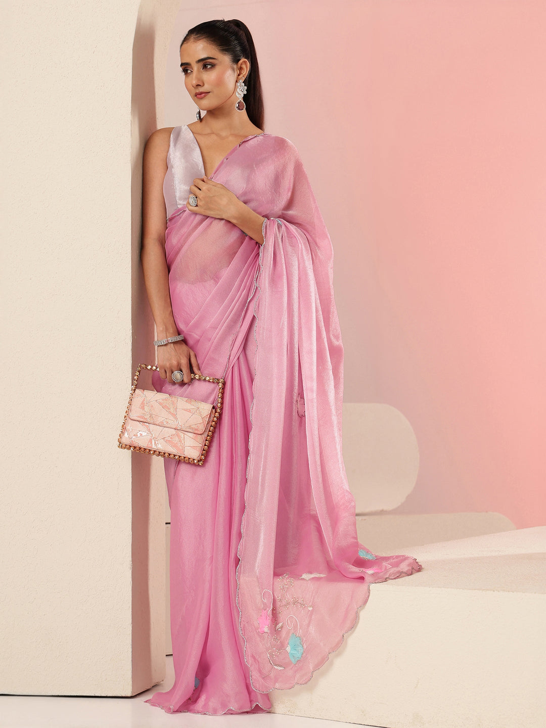 Baby Pink Floral Embellished Silk Blend Saree