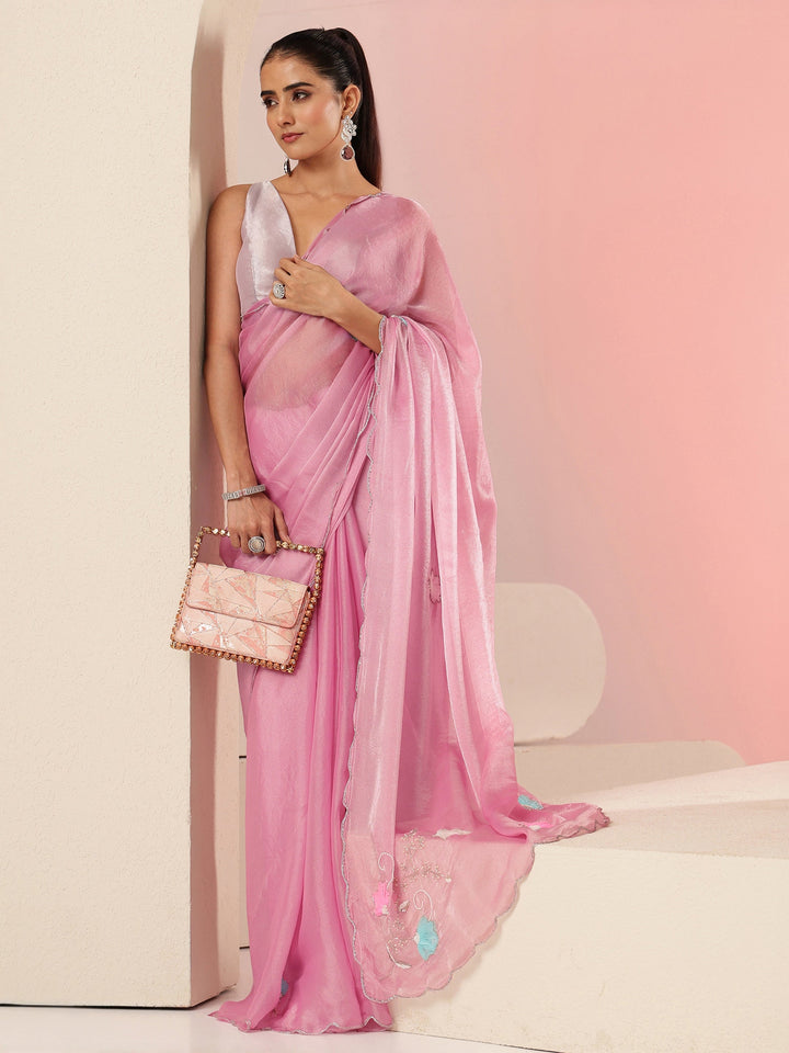Libas Baby Pink Floral Embellished Silk Blend Saree