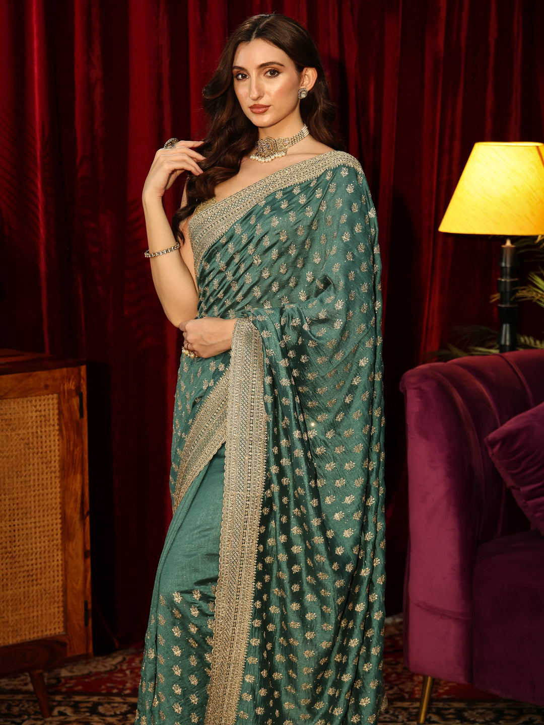 Libas Basil Green Embellished Silk Blend Saree