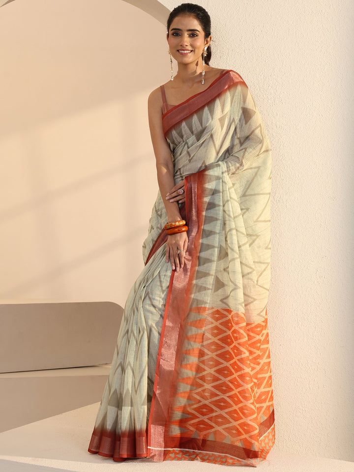 Libas Beige Chevron Printed cotton blend Saree