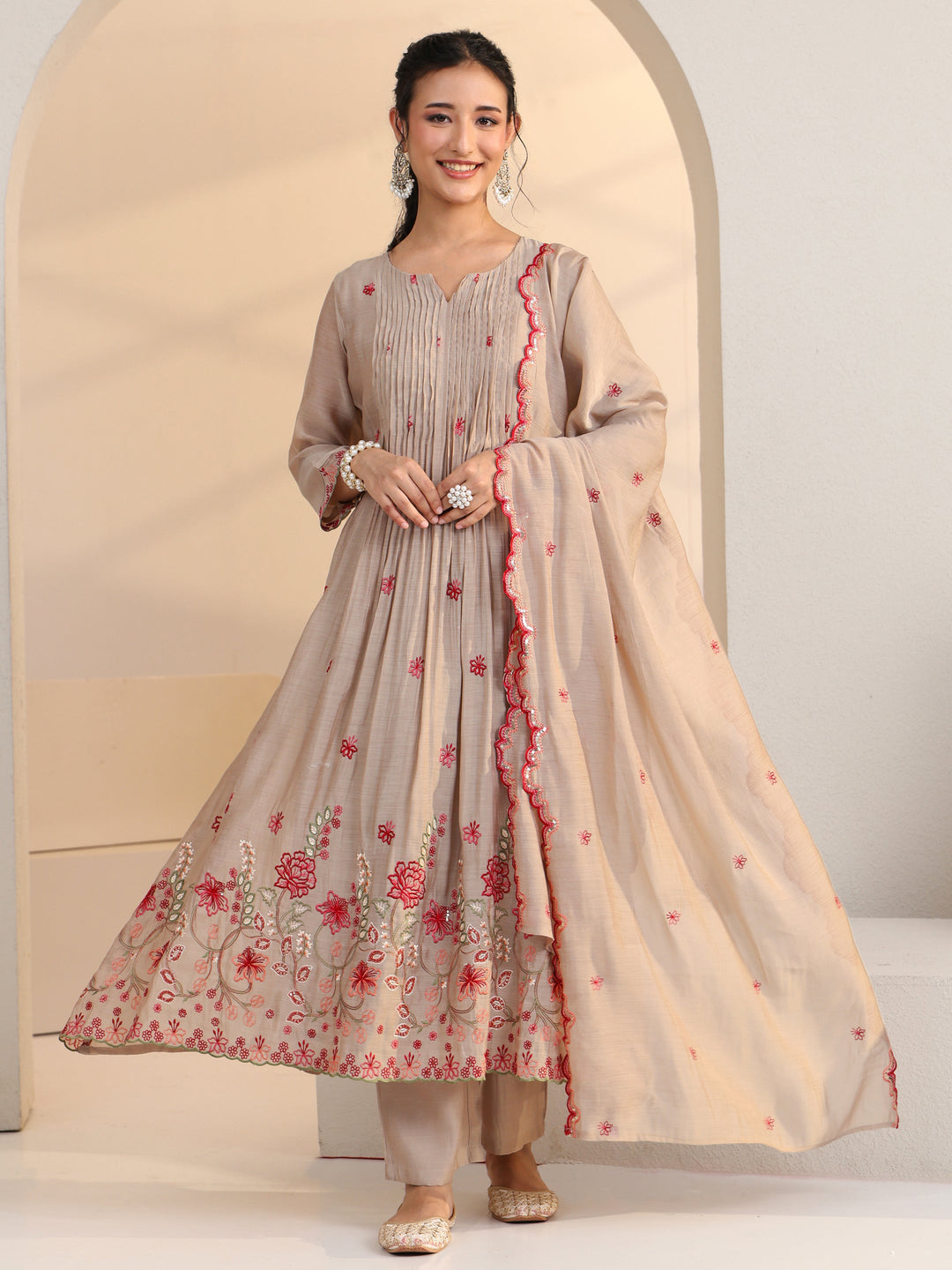 Libas Beige Floral Embroidered Chanderi Cotton A-Line Suit Set