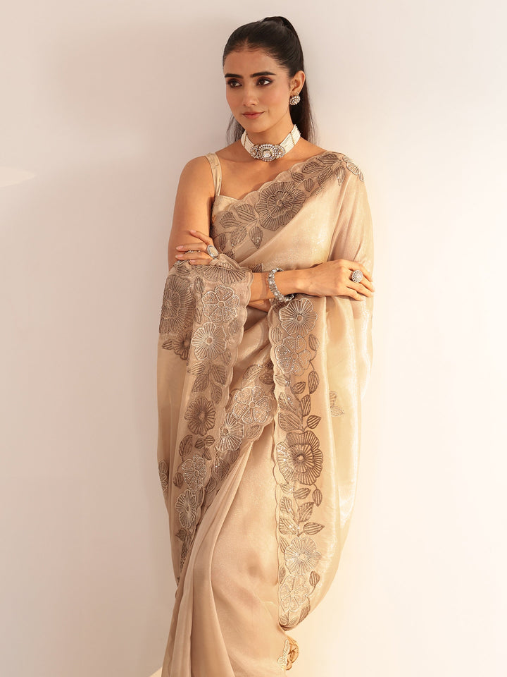 Libas Beige Floral Embroidered Net Saree