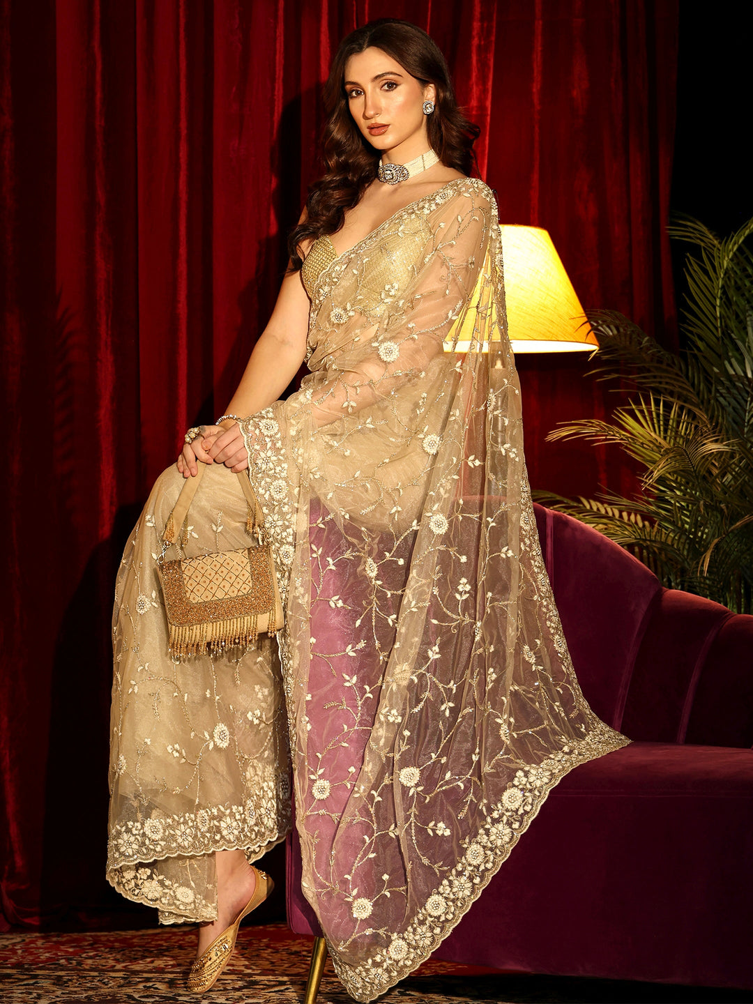 Libas Beige Floral Embroidered Net Saree