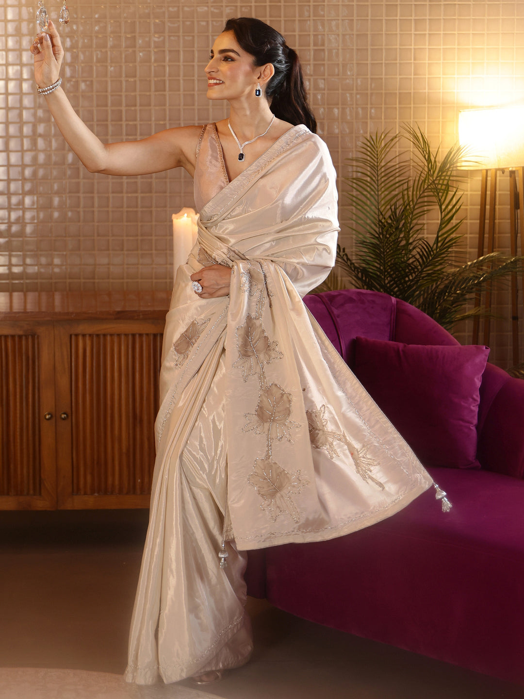 Beige Floral Embroidered Silk Blend Saree