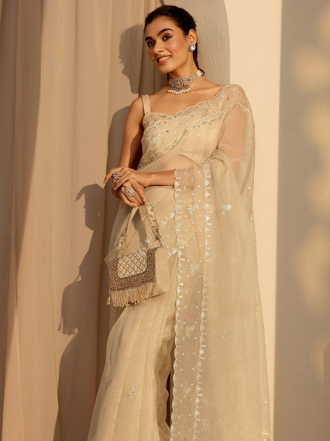Beige Floral Embroidered Tissue Saree