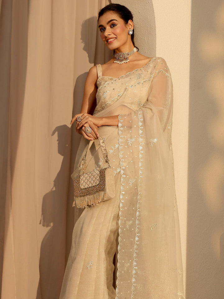 Libas Beige Floral Embroidered Tissue Saree