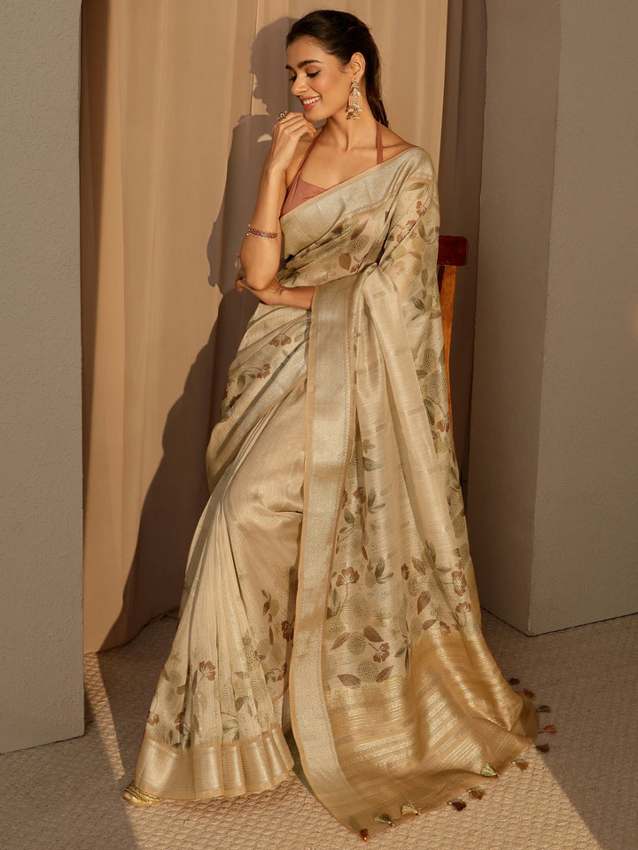 Libas Beige Floral Printed Cotton Blend Saree