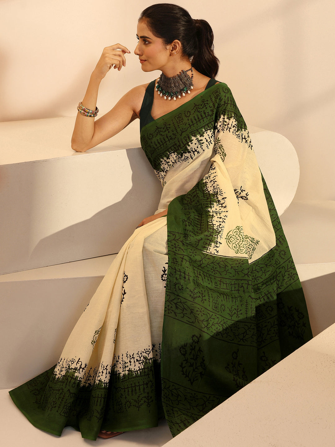Libas Ombre Beige and Green Block Floral Printed Cotton Saree