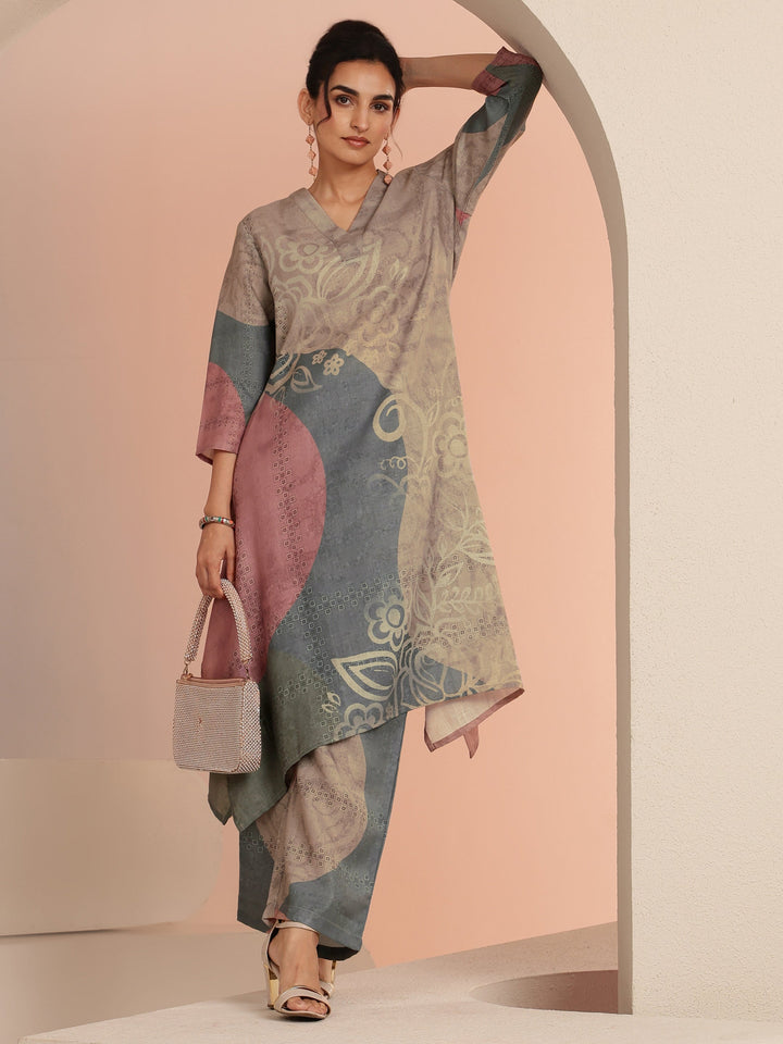 Libas Beige Floral Printed Linen A-Line Kurta Set