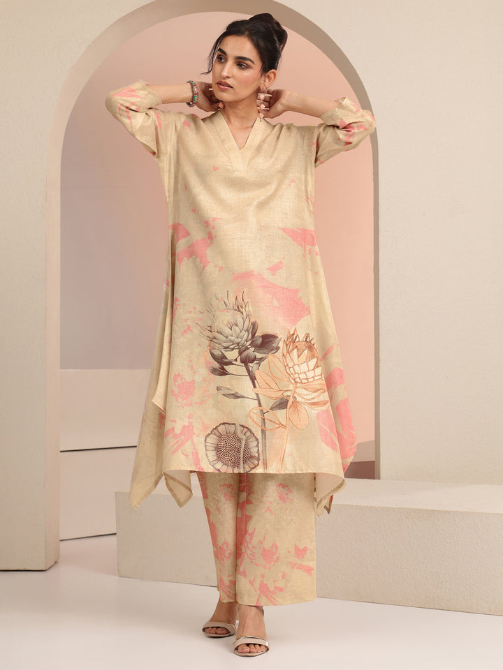 Libas Beige Floral Printed Linen A-Line Kurta Set