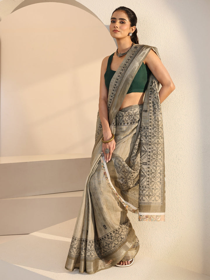 Libas Beige Floral Print Cotton Blend Saree