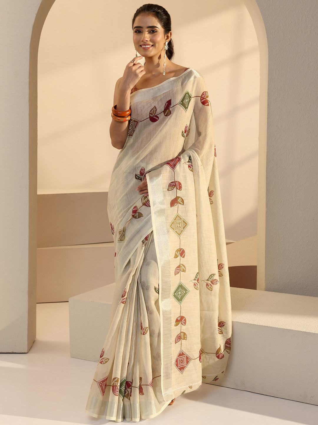 Libas Beige Floral Printed cotton blend Saree
