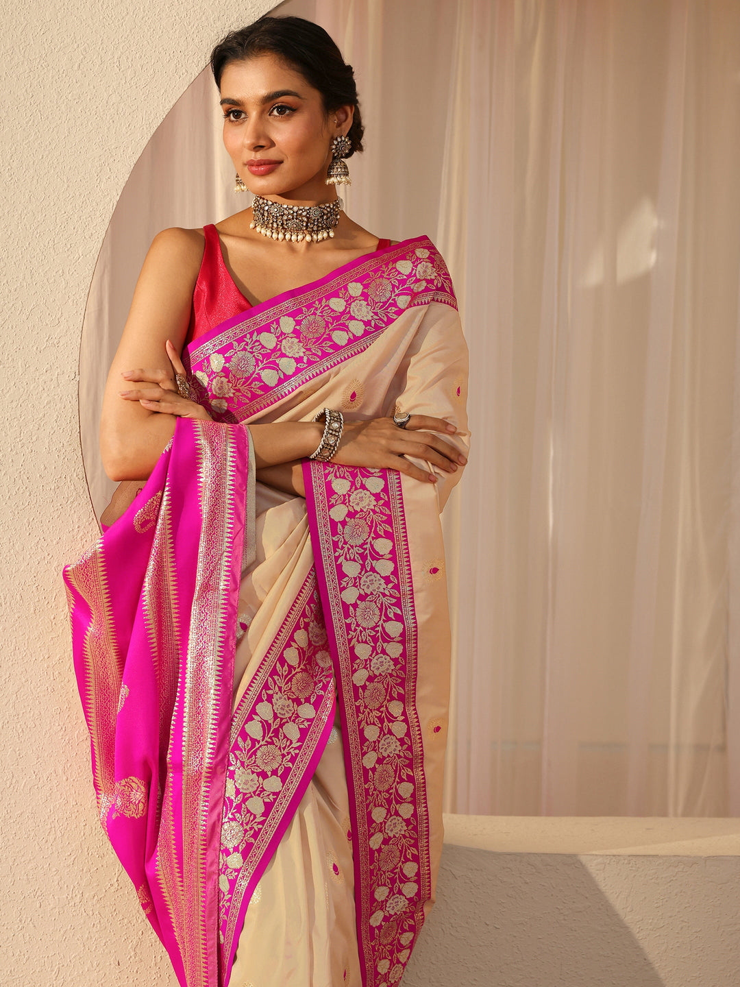 Libas Beige Kanjeevaram Silk Blend Saree
