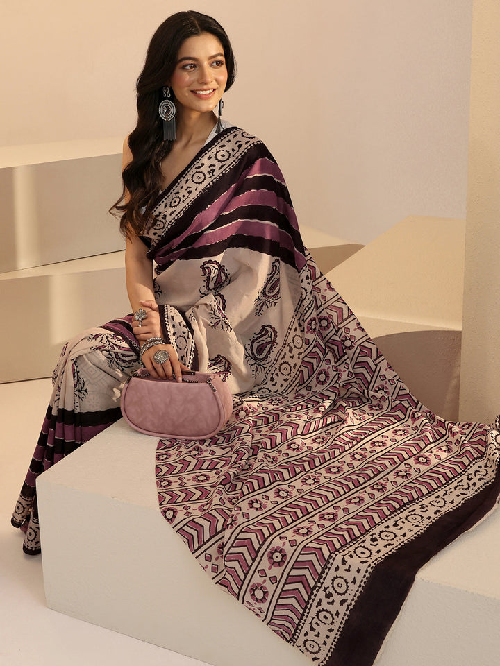 Libas Beige Paisley Print Cotton Saree
