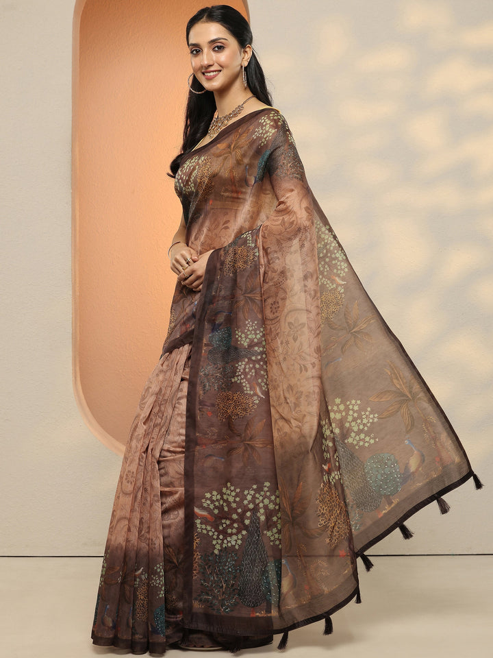 Beige Printed Silk Blend Saree With Unstitched Blouse Piece