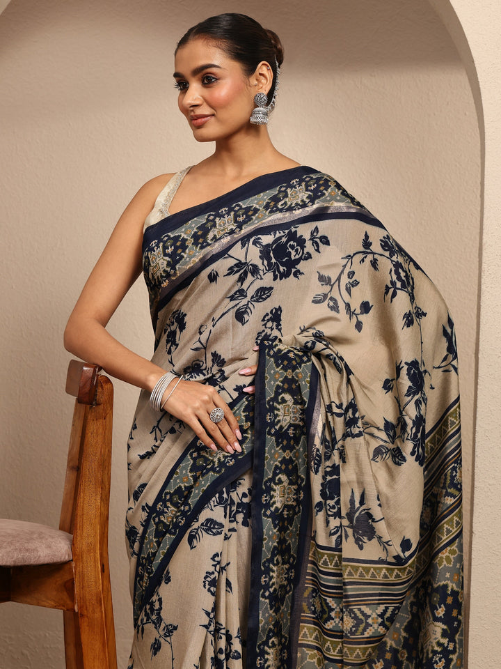 Beige Printed Silk Blend Saree With Unstitched Blouse Piece