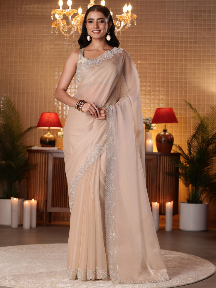Libas Beige Solid Tissue Saree