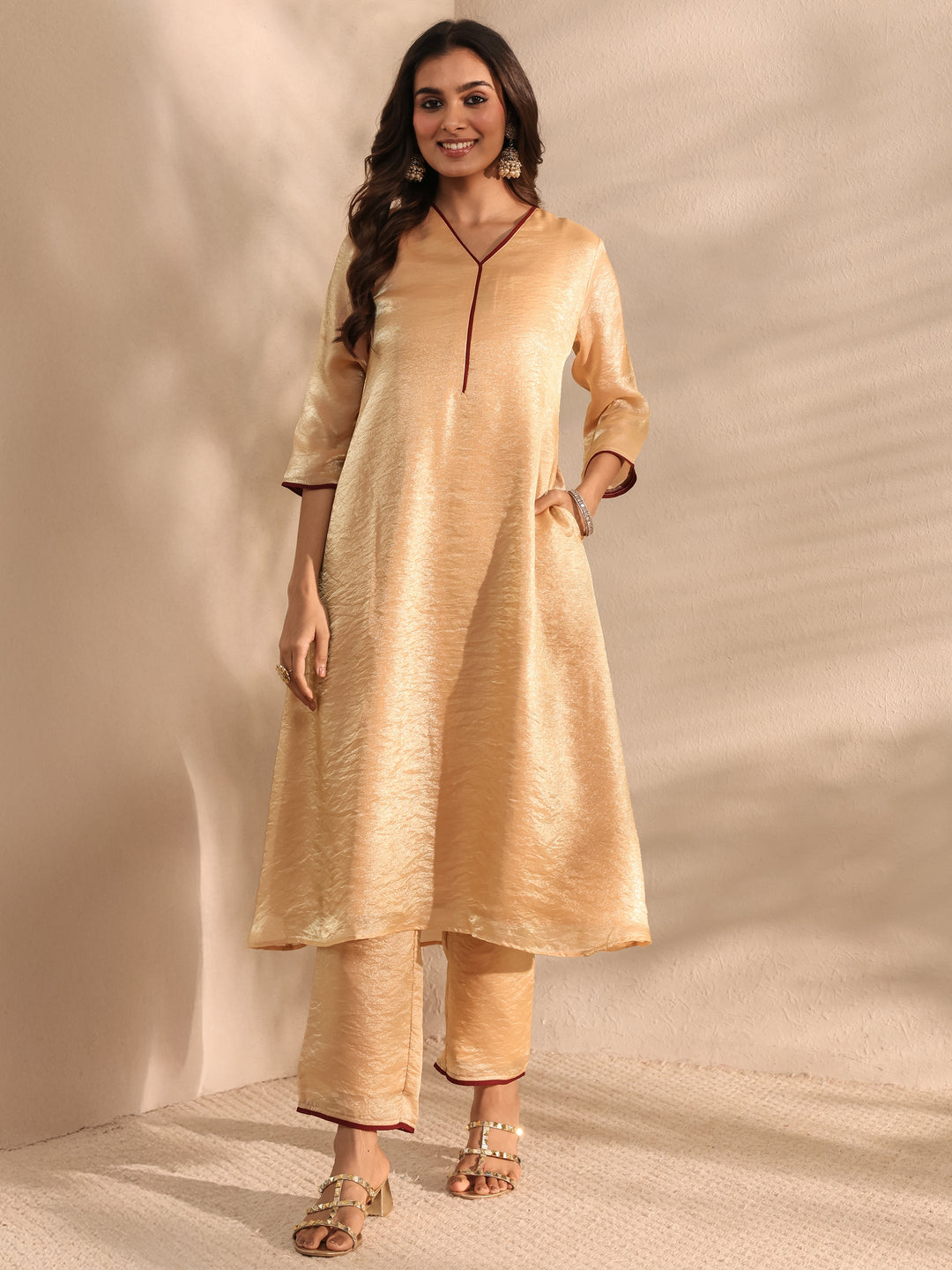 Beige Solid Silk Blend A-Line Kurta Set