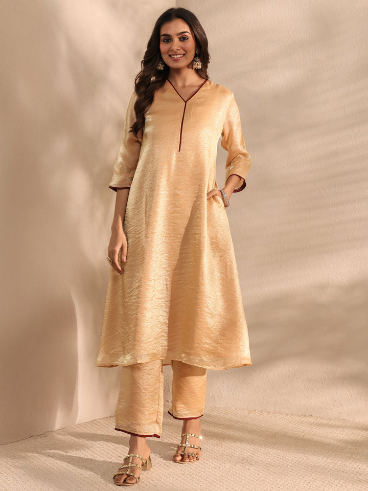 Beige Solid Silk Blend A-Line Kurta Set