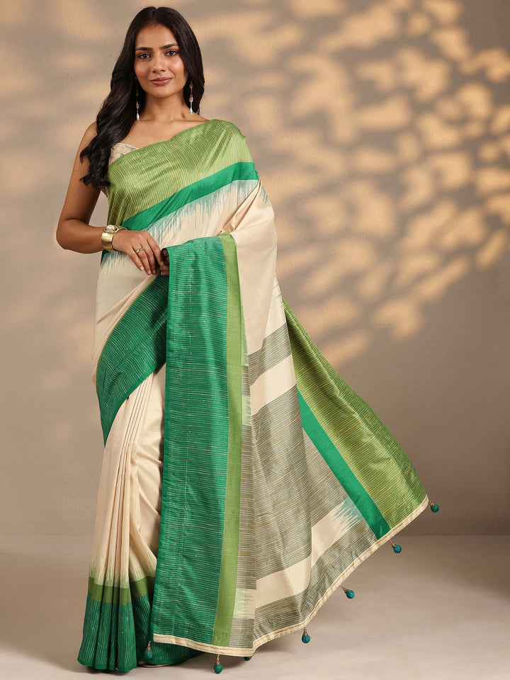Beige Solid Silk Blend Saree With Unstitched Blouse Piece