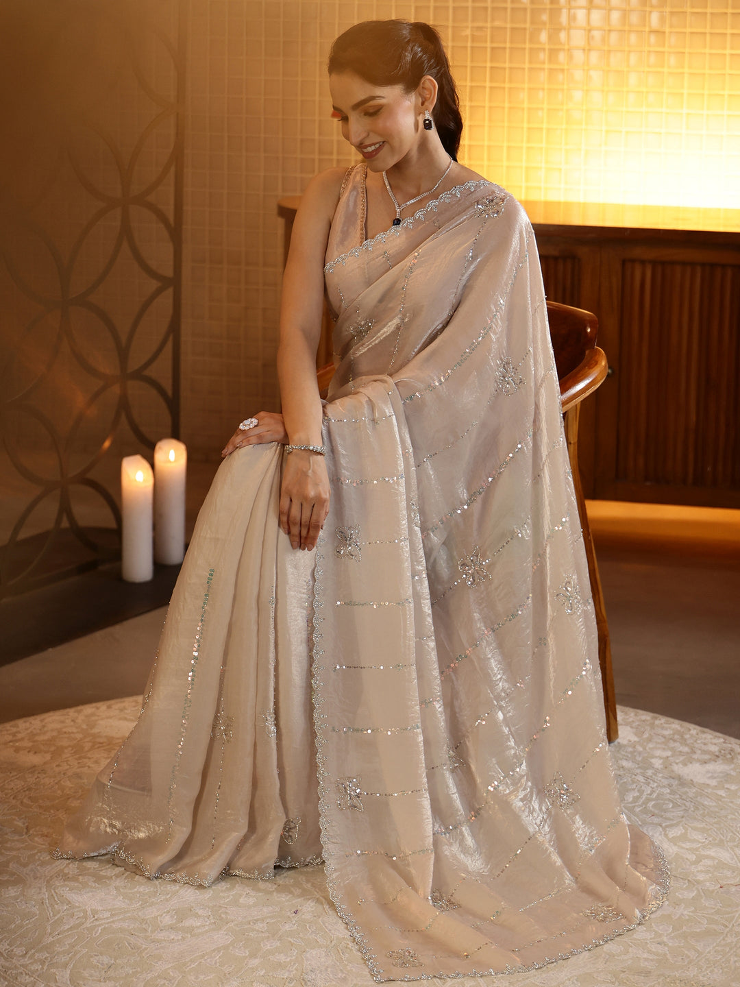 Beige Striped Embellished Silk Blend Saree