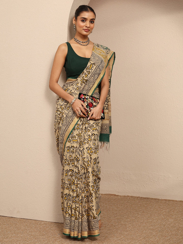 Beige Tribal Printed Cotton Saree With Unstitched Blouse Piece