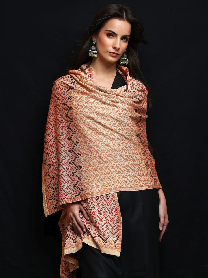 Beige Woven Design Wool Women'S Shawl