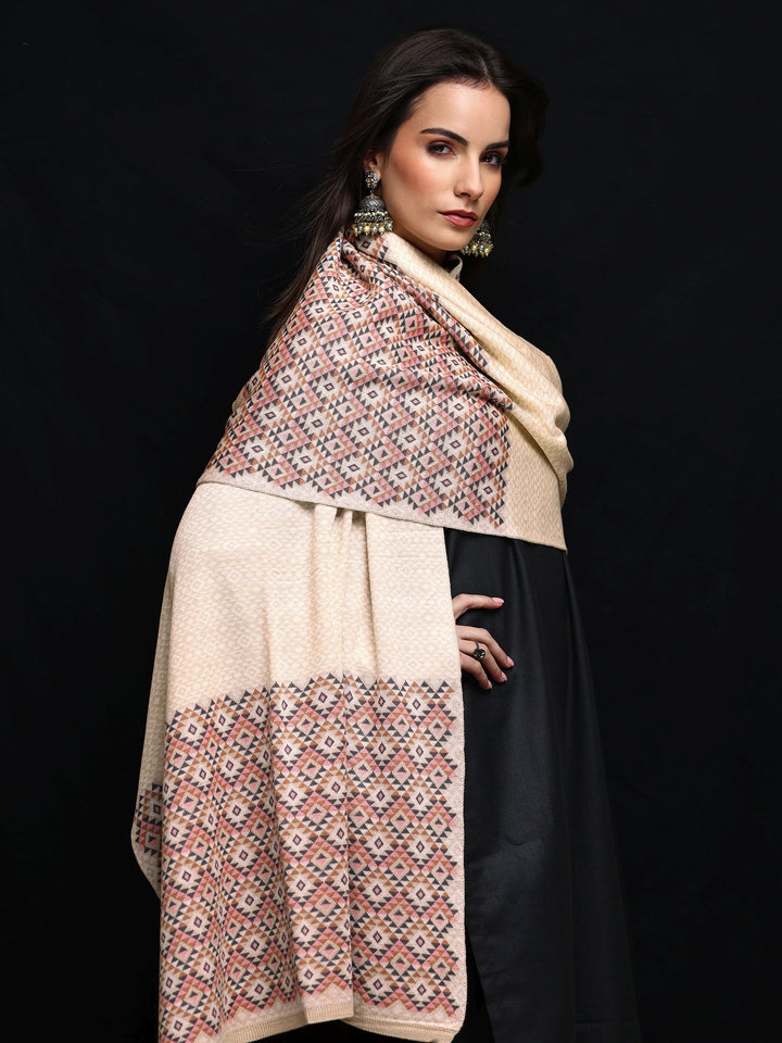 Beige Woven Design Wool Women'S Shawl