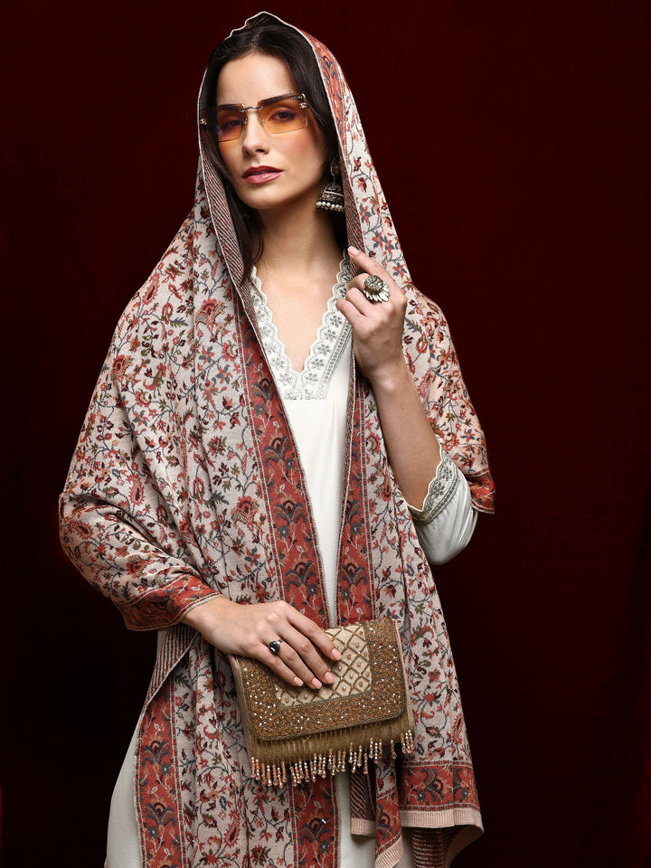 Beige Woven Design Wool Women'S Shawl