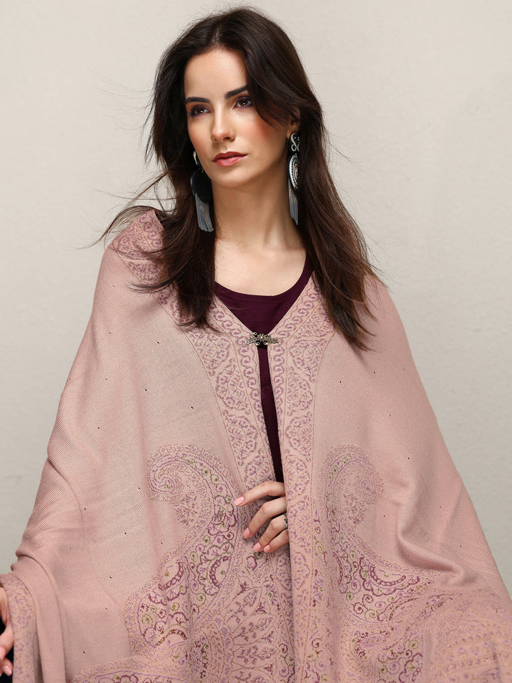 Beige Woven Design Wool Wrap Shawl 