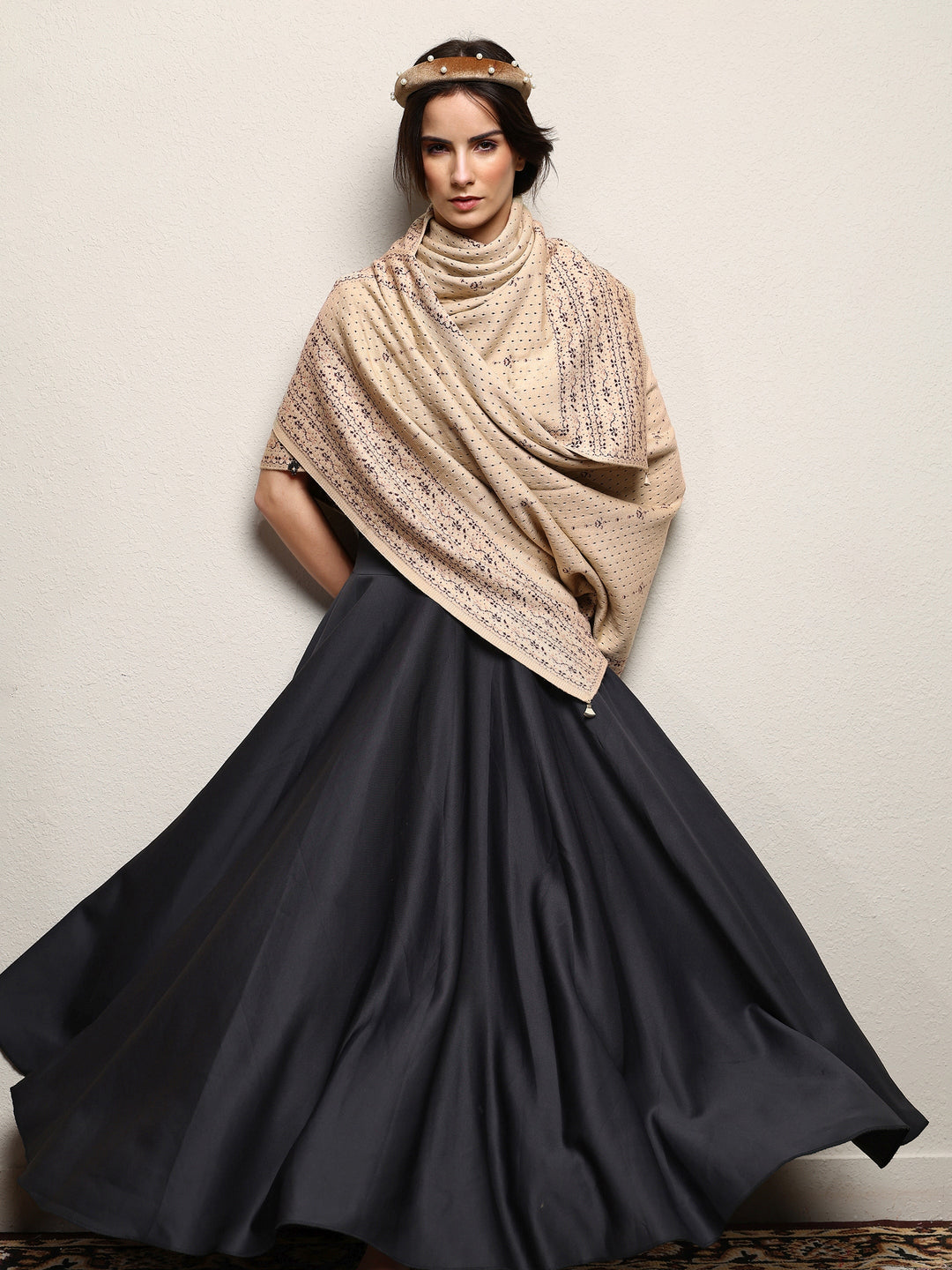 Beige Woven Design Wool Wrap Shawl 