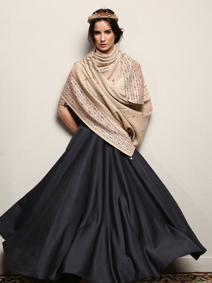 Beige Woven Design Wool Wrap Shawl 