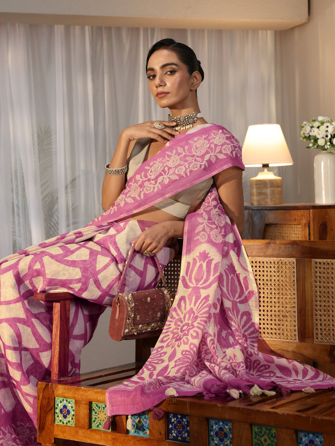 Beige Abstract Printed Cotton Blend Saree