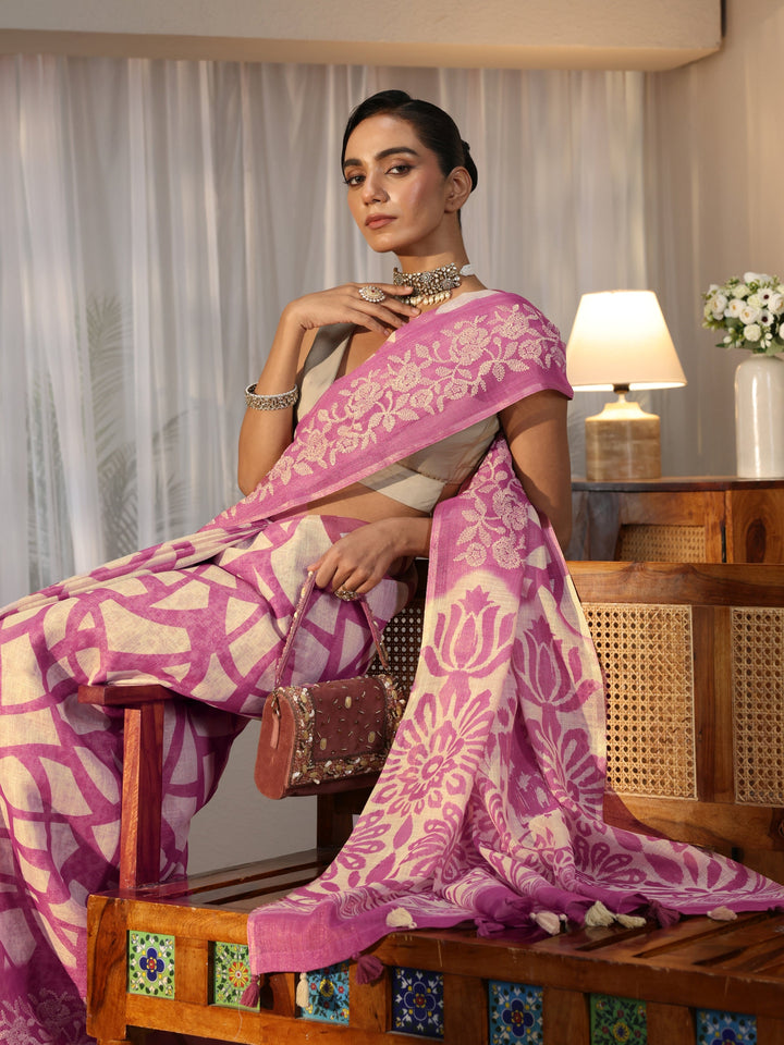 Beige Abstract Printed Cotton Blend Saree