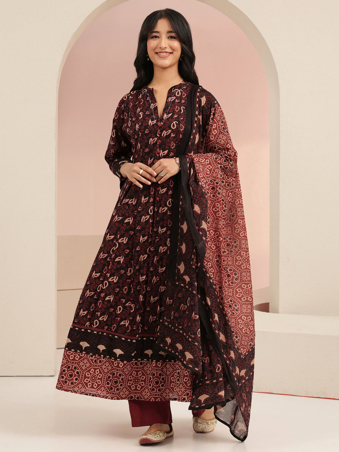 Libas Black Ajrakh Printed Cotton Anarkali Suit Set