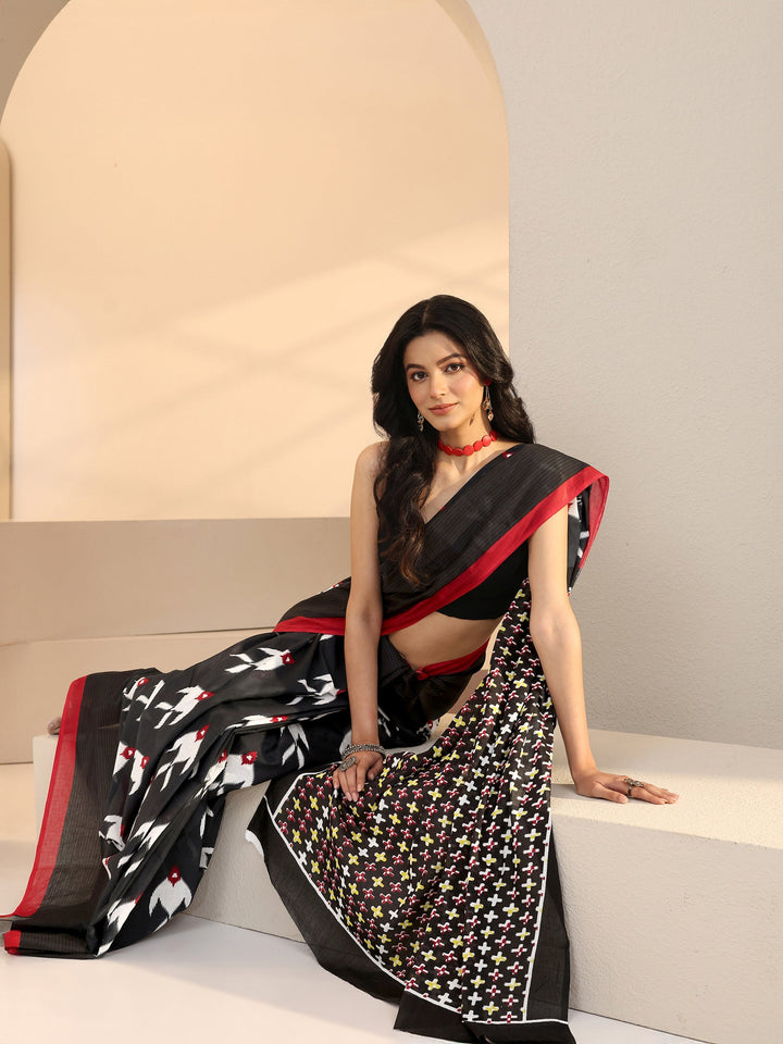 Libas Black Fish Print Cotton Saree