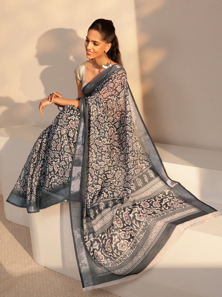 Libas Black Bagru Printed Cotton Blend Saree
