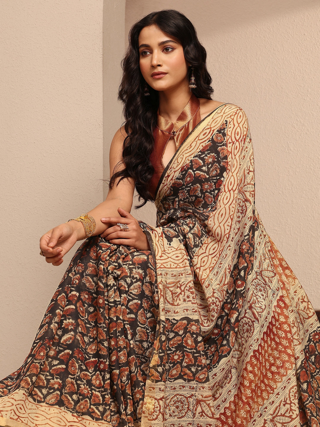 Black Block Printed Cotton Saree With Unstitched Blouse Piece